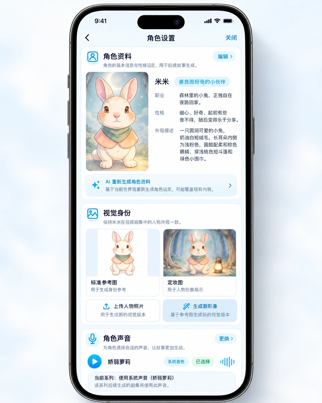 AIStory character continuity settings on a realistic phone mockup